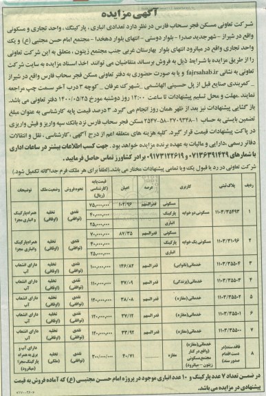مزایده فروش تعدادی انباری ، پارکینگ واحد تجاری و مسکونی