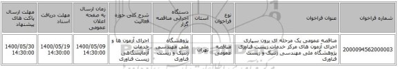 مناقصه عمومی یک مرحله ای برون سپاری اجرای آزمون های مرکز خدمات زیست فناوری پژوهشگاه ملی مهندسی ژنتیک و زیست فناوری