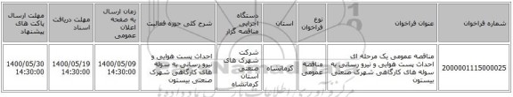 مناقصه عمومی یک مرحله ای احداث پست هوایی و نیرو رسانی به سوله های کارگاهی شهرک صنعتی بیستون