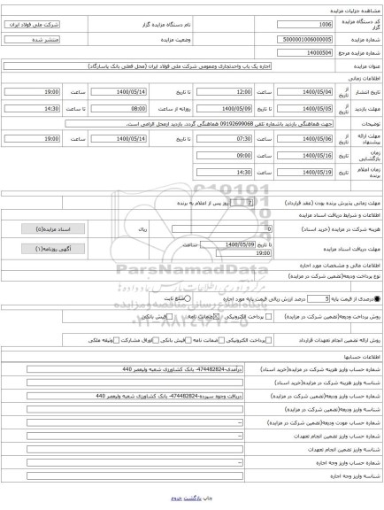 اجاره یک باب واحدتجاری وعمومی شرکت ملی فولاد ایران (محل فعلی بانک پاسارگاد)