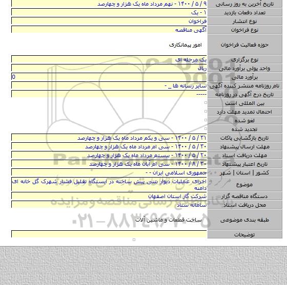 اجرای عملیات دیوار بتنی پیش ساخته در ایستگاه تقلیل فشار شهرک گل خانه ای دامنه