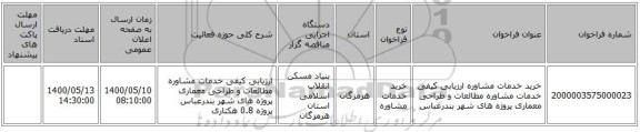 خرید خدمات مشاوره ارزیابی کیفی خدمات مشاوره مطالعات و طراحی معماری  پروژه های   شهر بندرعباس 