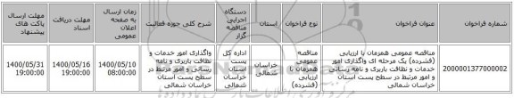 مناقصه عمومی همزمان با ارزیابی (فشرده) یک مرحله ای واگذاری امور خدمات و نظافت باربری و نامه رسانی و امور مرتبط در سطح پست استان خراسان شمالی