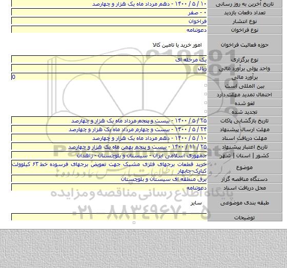 خرید قطعات برجهای فلزی مشبک جهت تعویض برجهای فرسوده خط ۶۳ کیلوولت کنارک-چابهار