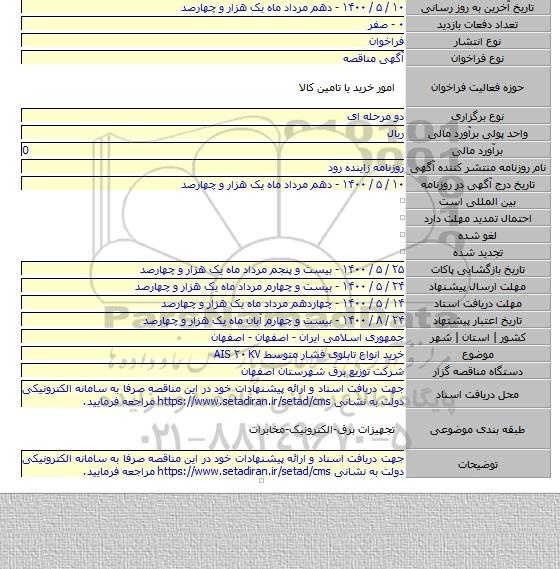 خرید انواع تابلوی فشار متوسط AIS ۲۰ KV