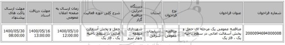 مناقصه عمومی یک مرحله ای حمل و پخش آسفالت امانی در سطح ناحیه یک ، فاز یک