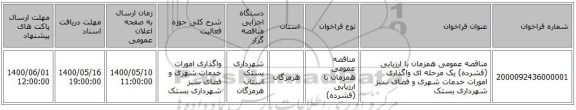 مناقصه عمومی همزمان با ارزیابی (فشرده) یک مرحله ای واگذاری امورات خدمات شهری و فضای سبز شهرداری بستک