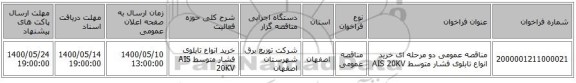مناقصه عمومی دو مرحله ای خرید انواع تابلوی فشار متوسط AIS  20KV 