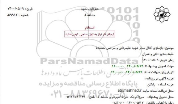 استعلام، استعلام بازسازی کانال معابر