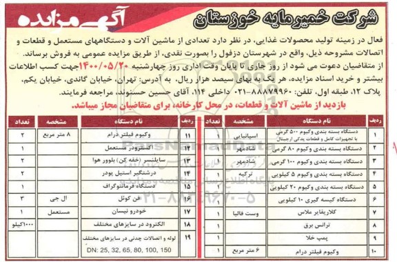 مزایده، مزایده فروش تعدادی از ماشین آلات و دستگاههای مستعمل و قطعات و اتصالات