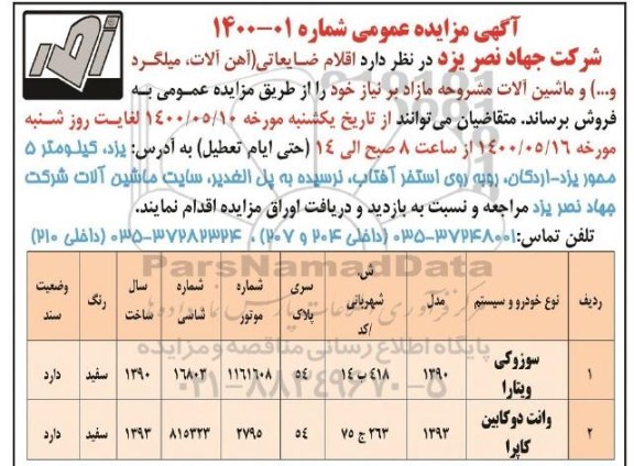 مزایده، مزایده فروش اقلام ضایعاتی (آهن آلات، میلگرد و...) و ماشین آلات