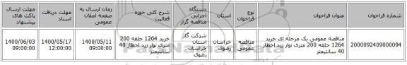 مناقصه عمومی یک مرحله ای خرید 1264 حلقه 200 متری نوار زرد اخطار 40 سانتیمتر