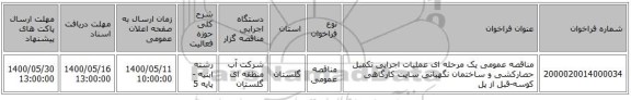 مناقصه عمومی یک مرحله ای عملیات اجرایی تکمیل حصارکشی و ساختمان نگهبانی سایت کارگاهی کوسه-قبل از پل