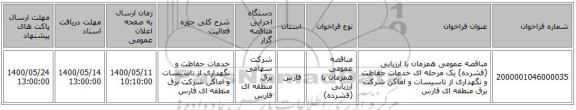مناقصه عمومی همزمان با ارزیابی (فشرده) یک مرحله ای خدمات حفاظت و نگهداری  از تاسیسات و اماکن  شرکت برق منطقه ای فارس
