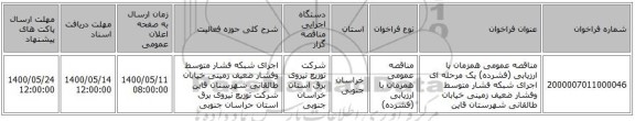 مناقصه عمومی همزمان با ارزیابی (فشرده) یک مرحله ای اجرای شبکه فشار متوسط وفشار ضعیف زمینی خیابان طالقانی شهرستان قاین