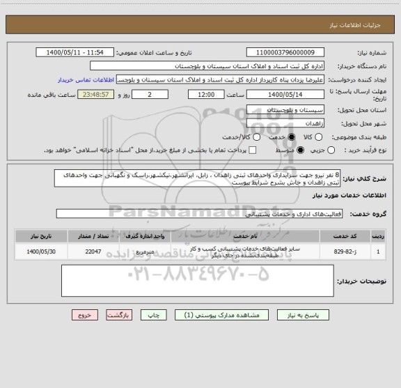 استعلام 8 نفر نیرو جهت سرایداری واحدهای ثبتی زاهدان ، زابل، ایرانشهر،نیکشهر،راسک و نگهبانی جهت واحدهای  ثبتی زاهدان و خاش بشرح شرایط پیوست