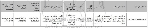 مناقصه عمومی یک مرحله ای آگهی مناقصه عمومی اجرای عملیات بتن ریزی معابر سطح شهر مهاباد (مرحله دوم)