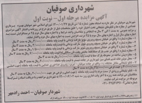مزایده،مزایده اجاره تعدادی از مغازه ها