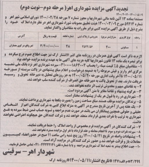 مزایده مزایده واگذاری املاک کاربری مسکونی مرحله دوم نوبت دوم