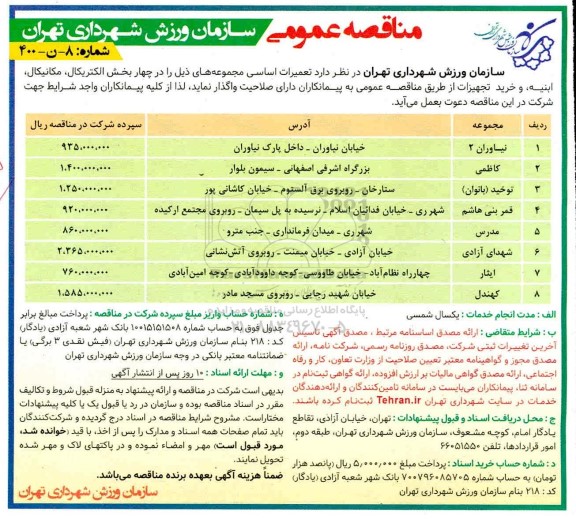 مناقصه تعمیرات اساسی مجموعه های 