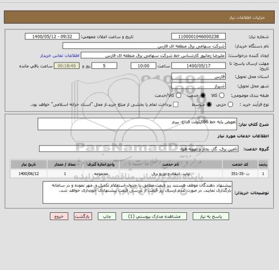 استعلام تعویض پایه خط 66کیلولت فداغ- بیرم