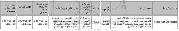 مناقصه عمومی یک مرحله ای خرید کفپوش بتنی تولید به روش خیس متراکم جهت پیاده روسازی و بهسازی معابر سطح شهر لالجین