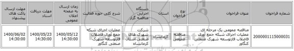 مناقصه عمومی یک مرحله ای عملیات اجرای شبکه جمع آوری فاضلاب فازتوسعه شهرک صنعتی کنگاور