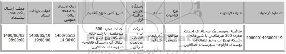 مناقصه عمومی یک مرحله ای احداث مخزن 300 مترمکعبی با شیرخانه ،شبکه توزیع آب و خط انتقال آب روستای قارلوجه شهرستان خداافرین