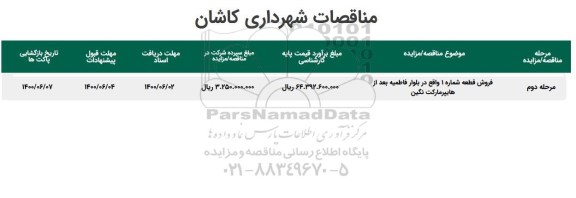 مزایده مزایده فروش قطعه شماره 1 واقع در انتهای بلوار فاطمیه