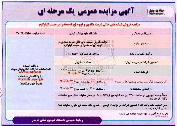 مزایده فروش شیشه های خالی شربت متادون و اپیوم