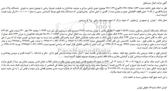 مزایده،مزایده  فروش  ششدانگ پلاک ثبتی شماره89فرعی از 2059  اصلی قطعه 4تفکیکی مفروز و مجزی شده از 3فرعی از اصلی 