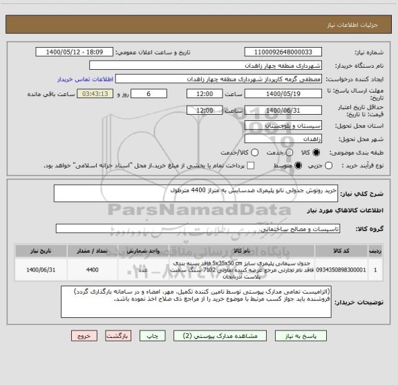 استعلام خرید روتوش جدولی نانو پلیمری ضدسایش به متراژ 4400 مترطول