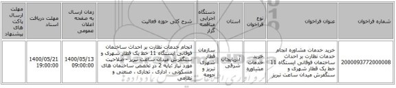 خرید خدمات مشاوره انجام خدمات نظارت بر احداث ساختمان فوقانی ایستگاه 11  خط یک قطار ‏شهری  و سنگفرش میدان ساعت  تبریز 