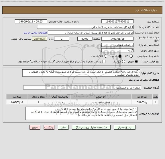 استعلام واگذاری امور باجه خدمات اینترنتی و الکترونیکی در اداره پست مرکزی شهرستان گرمه به بخش خصوصی بمدت یکسال شمسی .