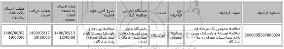 مناقصه عمومی یک مرحله ای مناقصه توسعه و بازسازی پست بارتم بیمارستان معرفی زاده شادگان 