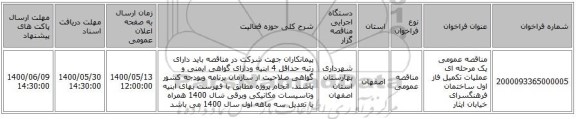 مناقصه عمومی یک مرحله ای عملیات تکمیل فاز اول ساختمان فرهنگسرای خیابان ایثار
