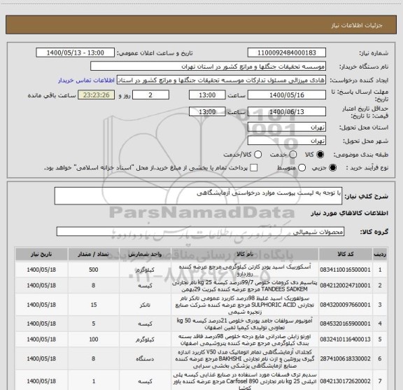استعلام با توجه به لیست پیوست موارد درخواستی آزمایشگاهی