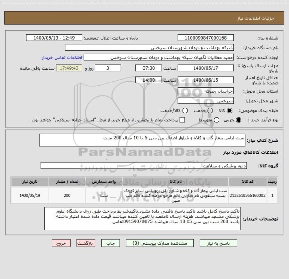 استعلام ست لباس بیمار گان و کلاه و شلوار اصفال بین سن 5 تا 10 سال 200 ست