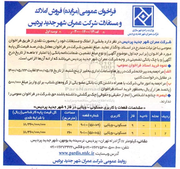 مزایده مزایده فروش املاک مسکونی و ویلایی نوبت اول