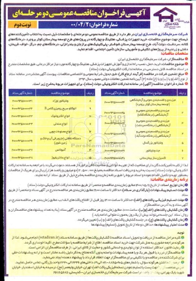 مناقصه خرید تجهیزات پزشکی، هتلینگ و چهارگانه... نوبت دوم 