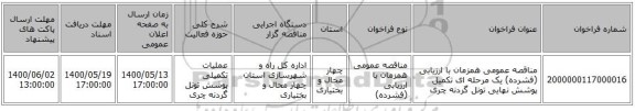 مناقصه عمومی همزمان با ارزیابی (فشرده) یک مرحله ای تکمیل پوشش نهایی تونل گردنه چری
