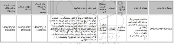 مناقصه عمومی یک مرحله ای انجام امور پشتیبانی و خدماتی (نظافتی، پیشخدمتی، نگهبانی، نامه رسانی، باغبانی و ...) 