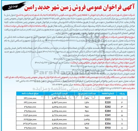 مزایده  مزایده فروش 8 قطعه زمین با کاربری مسکونی  نوبت اول 
