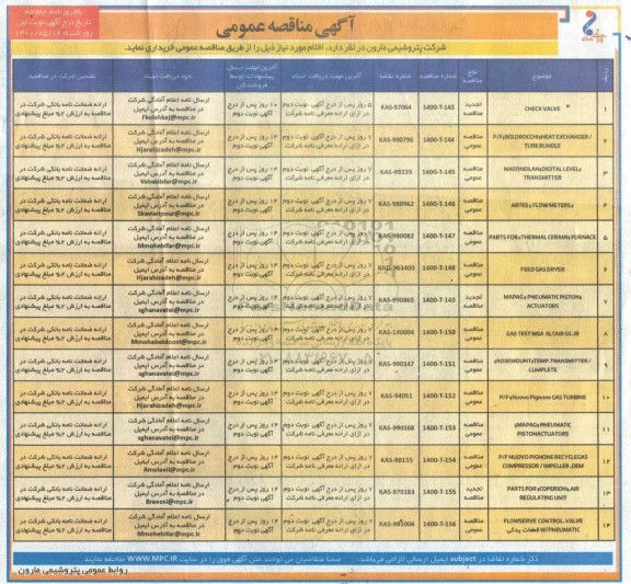 مناقصه، مناقصه check valve ...