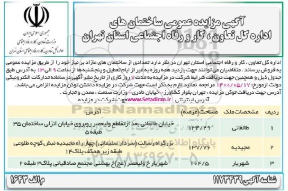 مزایده مزایده فروش تعدادی از ساختمان های مازاد