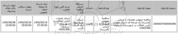 مناقصه عمومی همزمان با ارزیابی (فشرده) یک مرحله ای اجرای عملیات آژانس اتفاقات در  شهرستان سرچهان 14001956