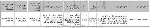 مناقصه عمومی یک مرحله ای انجام خدمات تهیه طبخ، حمل و توزیع غذای گرم جلسات، میهمانان و کشیک کارکنان شرکت توانیر
