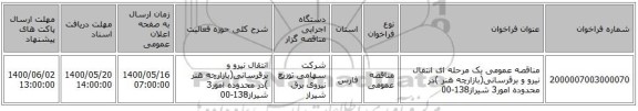 مناقصه عمومی یک مرحله ای انتقال نیرو و برقرسانی(بازارچه هنر )در محدوده امور3 شیراز138-00