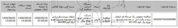 مناقصه عمومی یک مرحله ای انتقال نیرو و برقرسانی در محدوده مدیریت توزیع برق کوار   149-00