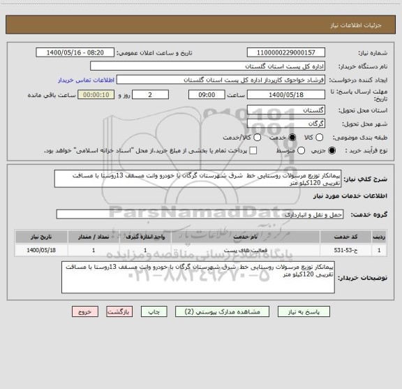 استعلام پیمانکار توزیع مرسولات روستایی خط  شرق شهرستان گرگان با خودرو وانت مسقف 13روستا با مسافت تقریبی 120کیلو متر 